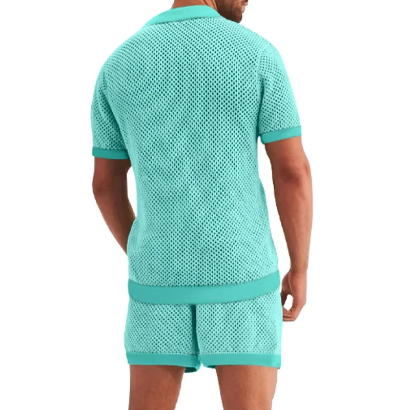 2-Piece Summer Outfit for Men - Breathable Mesh Shirt with Lapel Collar and Button Details,Matching Semi-Transparent Shorts with