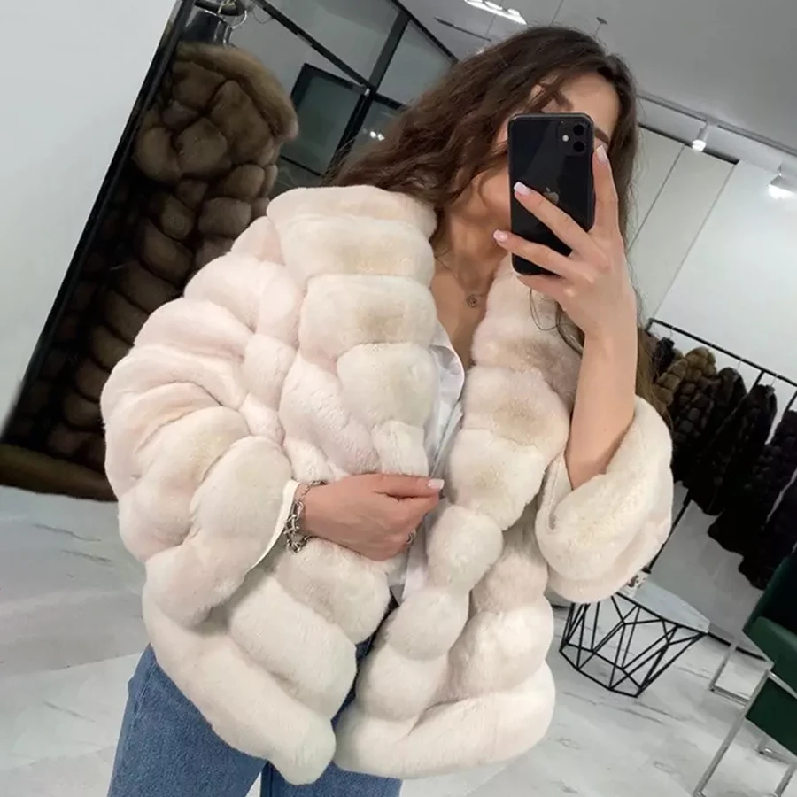 Cappotto di vera pelliccia con colletto inglese per donna Cappotto di pelliccia di coniglio Chichilla Rex Giacche di pelliccia invernale Giacca in vera pelle di alta qualità