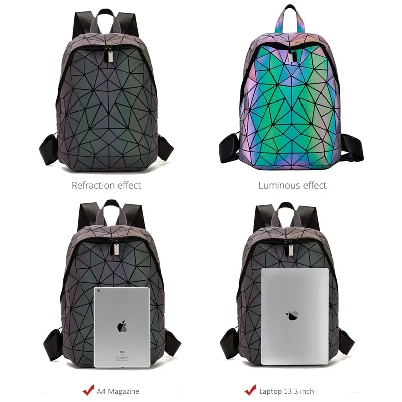 Luminous Backpacks Women Geometric 14inch Laptop Backpack Shoulder  bag Backpack Holographic Rucksack Female Trave School Bag