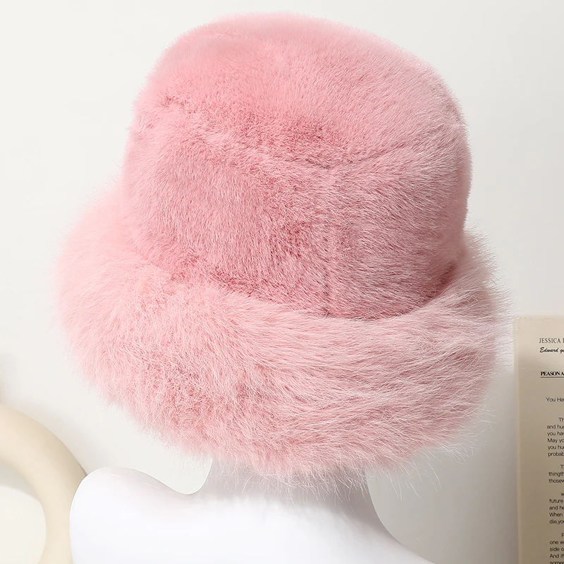 Große Faux Pelz Eimer Hut für Frauen Dicke Plüsch Warme Schöne Flauschigen Winter Hut Dame Luxus Mode Pelzigen Panama Fischer Kappe – Detail 10