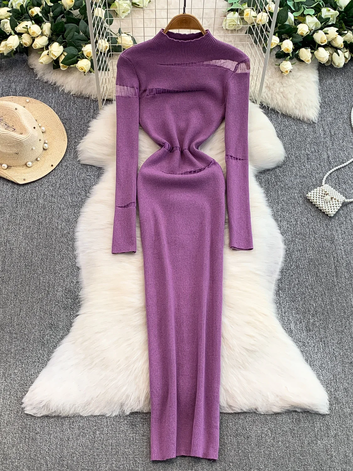 

Sexy Knitted High Collar Long Dr Women's Autumn Winter Elastic Bodycon Skirt Net Patchwork High Waist A-Line Dr