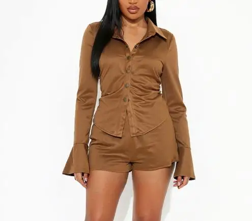 

2025 autumn and winter new collar button lotus leaf sleeves imitation deer skin shirt high waist loose women's pants set