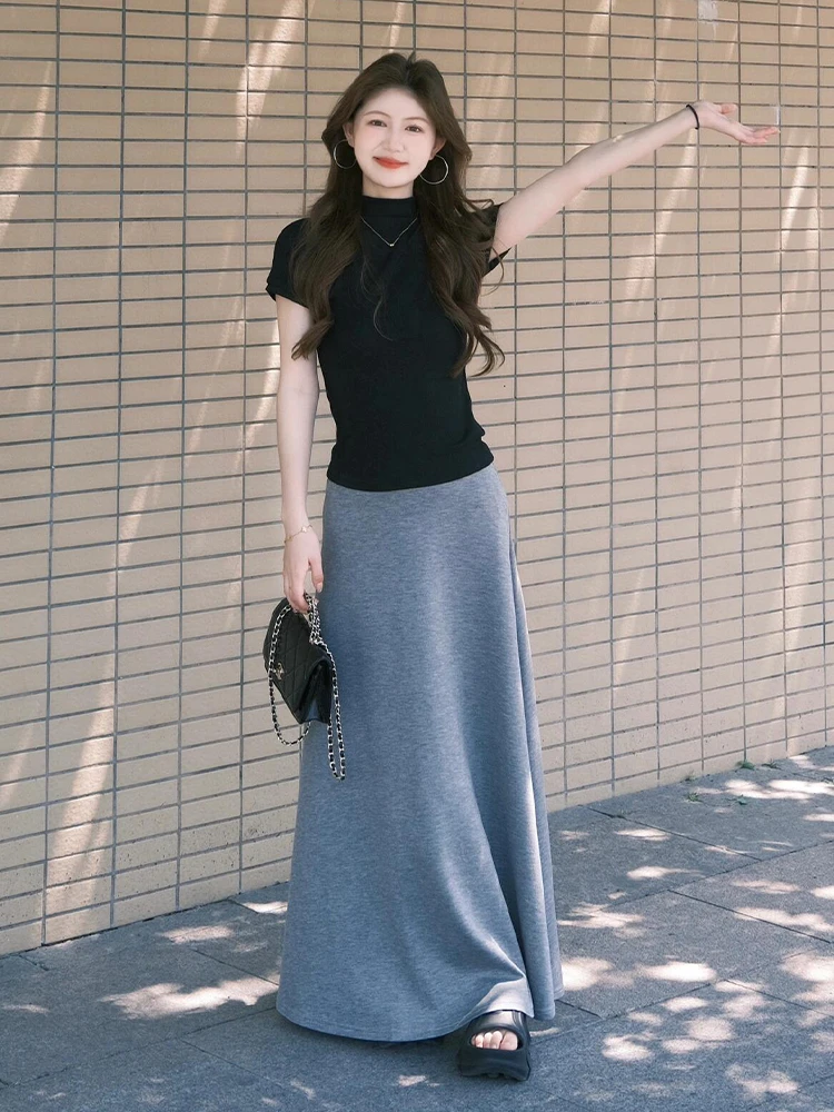 Été 2026 coréen Sle femmes Bla ort Sve t-shirt et jupe taille haute deux pièces ensemble doux Sle a-ligne Dr