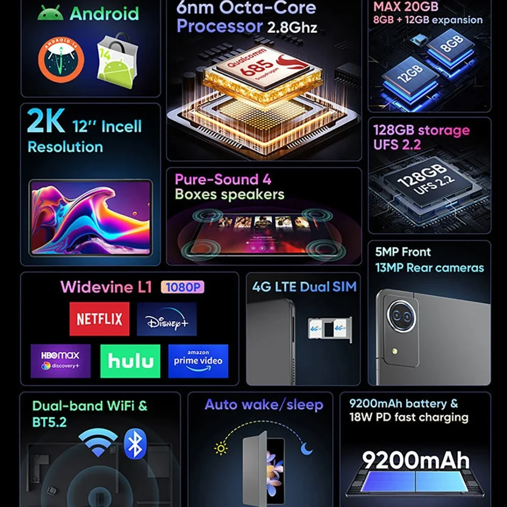تابلت N-one NPad Ultra 4G LTE Snapdragon 685 Android 14 12 "2K 2000*1200 FHD شاشة 8GB + 12GB 18W شحن سريع بطارية 9200mAh #6