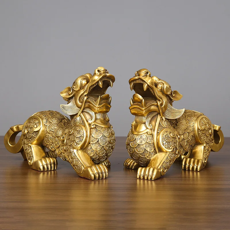 Copper Pixiu Mascot Statue Brass Brave Troops Sculpture Chinese Feng Shui Ornaments Lucky Decorations for Business Gifts