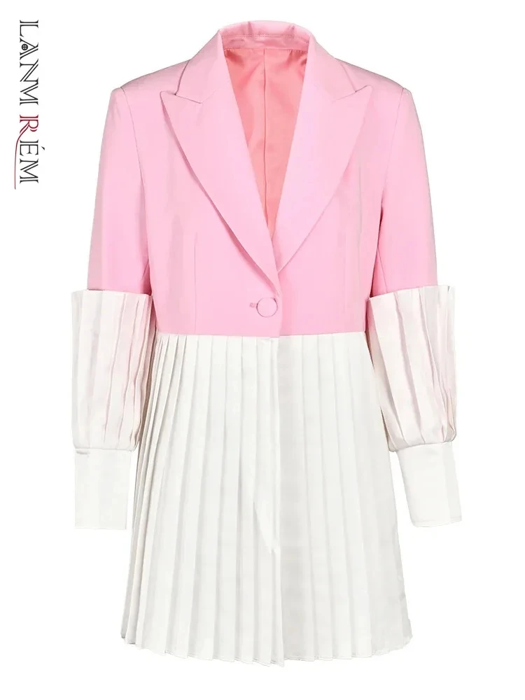 LANMREM Women pink Color Pleated Color-block Blazer New Lapel Long Sleeve Loose Jacket Fashion Tide Spring Autumn 2024 7AB008