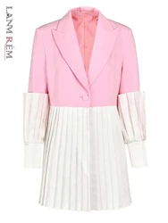 LANMREM Women pink Color Pleated Color-block Blazer New Lapel Long Sleeve Loose Jacket Fashion Tide Spring Autumn 2024 7AB008