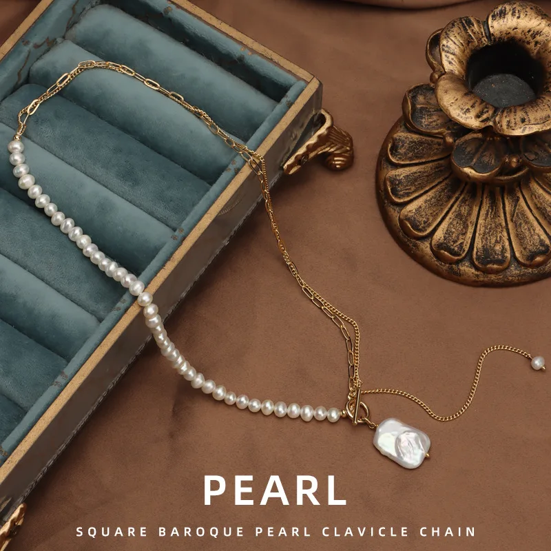 Natural freshwater pearl square necklace restoring ancient ways splicing fashion contracted necklace