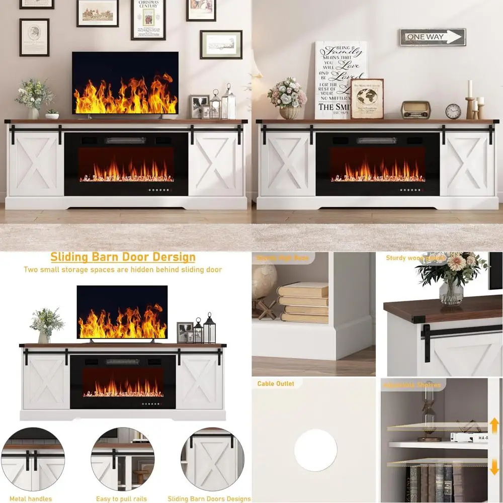 حامل تلفزيون مدفأة المزرعة لتلفزيون 70/75/80 بوصة، وخزائن تخزين مركزية ترفيهية 70 بوصة مع مدفأة كهربائية مقاس 36 بوصة و