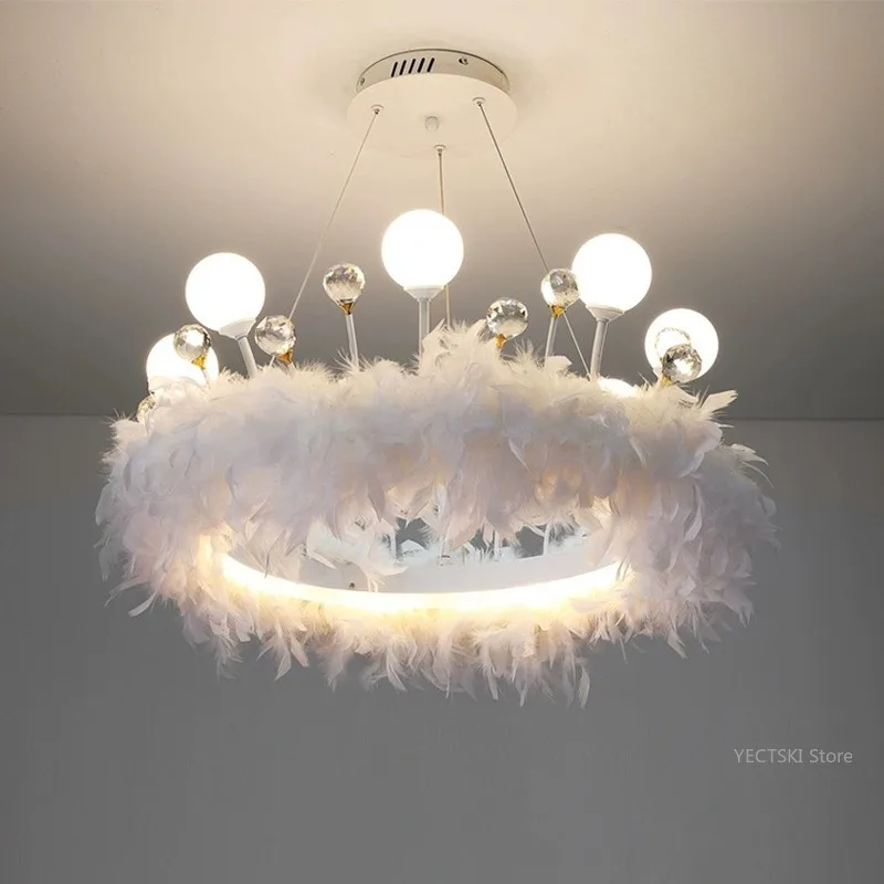 Master bedroom pendant light, warm and romantic living room, creative and modern Nordic feather lamp for girls and children