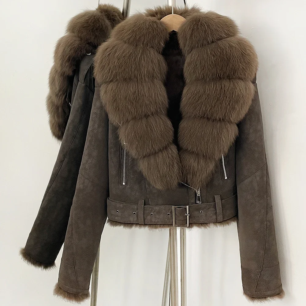 OFTBUY Luxus-Gürtel Natürlicher Kaninchenfellmantel Damen Kurze Wildlederjacke mit Echtfuchs-Fellkragen Neue Herbst-Warmbekleidung für Frauen – Detail 6