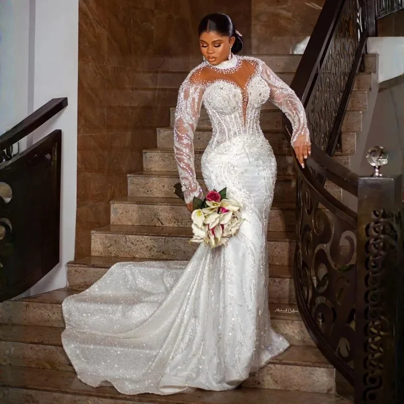 

Customized Plus Size Aso Ebi Wedding Dresses Mermaid High Long Sleeves Elegant Bridal Gowns for African Black Women Lace