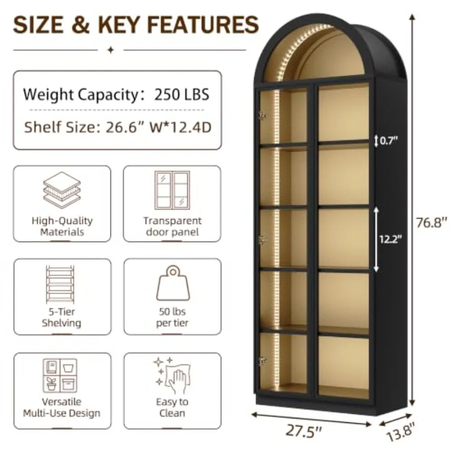 Arch display cabinet for living room office, acrylic glass door, white, 77 tall with LED light and 6-tier shelving for collecti view 2