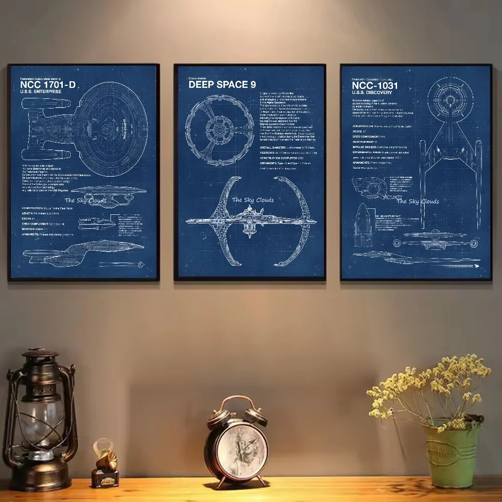 مخطط سفينة الفضاء ستار تريك ملصق فني ذاتي اللصق مقاوم للماء ورقة ملصق مقهى بار غرفة جدار ديكور