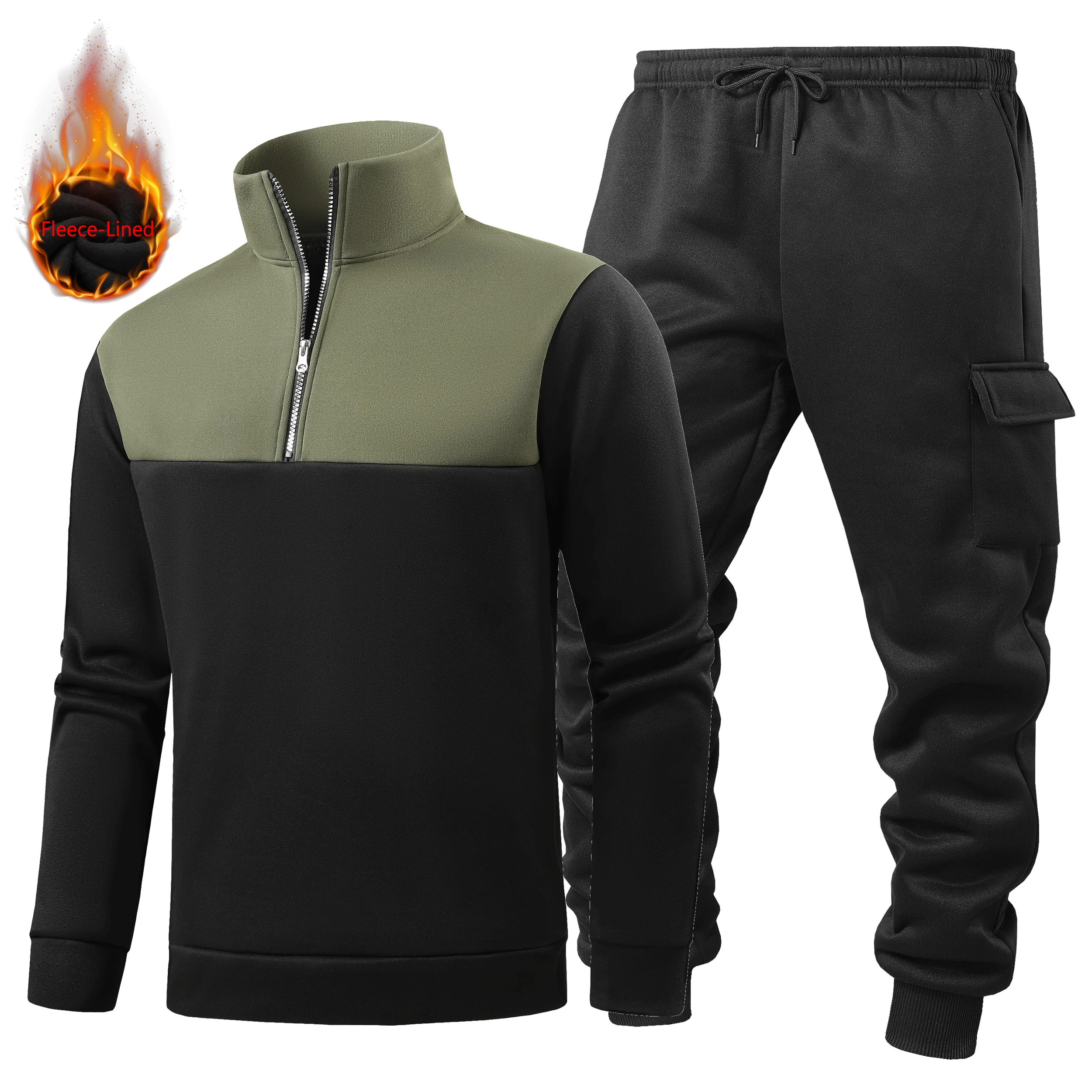 Men's color-block autumn and winter fleece thermal set: long-sleeve top, long pants, thermal sweatshirt, sweatpants