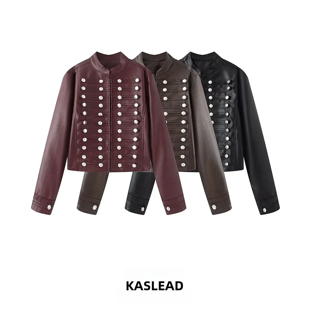 KASLEAD New Women's Fashion Napoleon Style Button Decorated Leather Jacket Short Sleeve Long Sleeve Polyester Fiber 100%