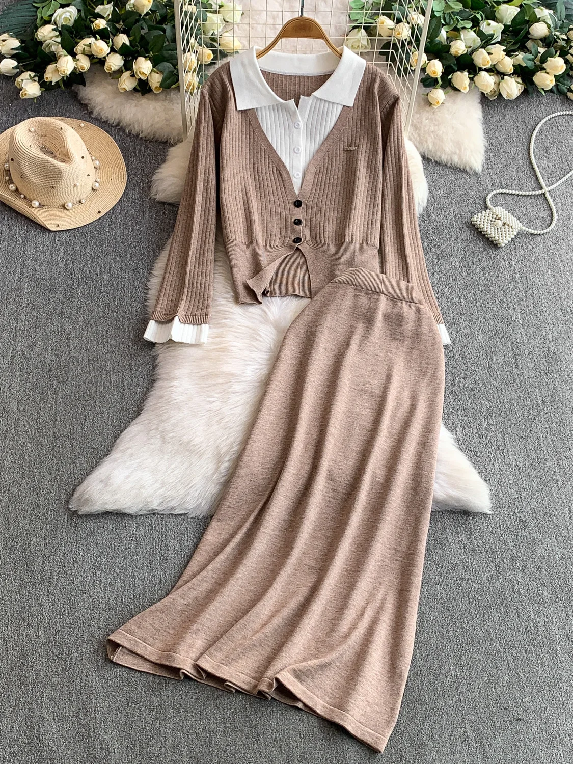 

Свободная трикотажная верхняя одежда с высокой талией, утягивающая длинная юбка, комплект, осень-зима, модная повседневная одежда Bell Sve с отложным воротником