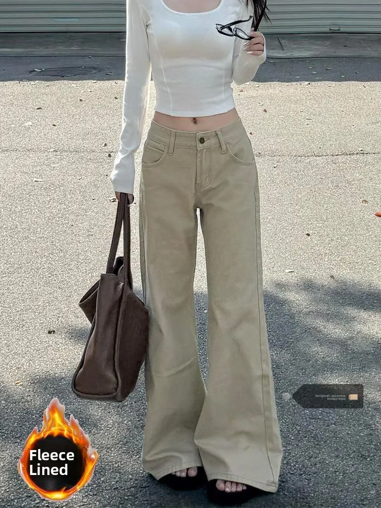 

Женские джинсы больших размеров цвета хаки на подкладке с высокой талией, прямые джинсы с защитой от шаров для осени и зимы, эффект похудения