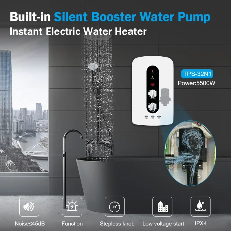 Winter Ice BathODM Built In Water Pump Tankless Bathroom Hot Shower Instant Electric Water Heater With 30w Mini Booster Pump