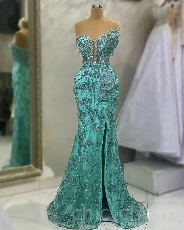 Turquoise African American Prom Dresses Mermaid Sheer Lace Beaded Black Girls Nigeria Dubai Saudi Arabia Evening Gown Customized