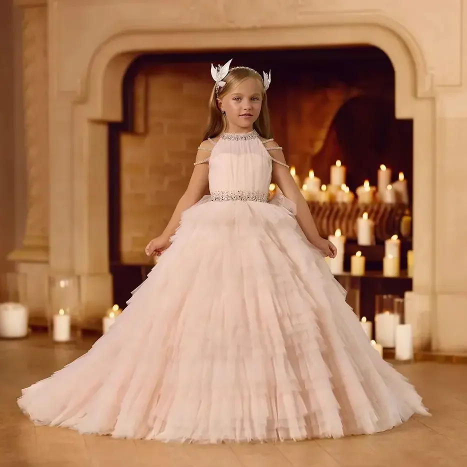 Custom Luxury Pink Halter Rhinestone Tulle Flower Girl Gown Pageant Runway Guest Luxury Bday Kids Long Trailing Ball Gown
