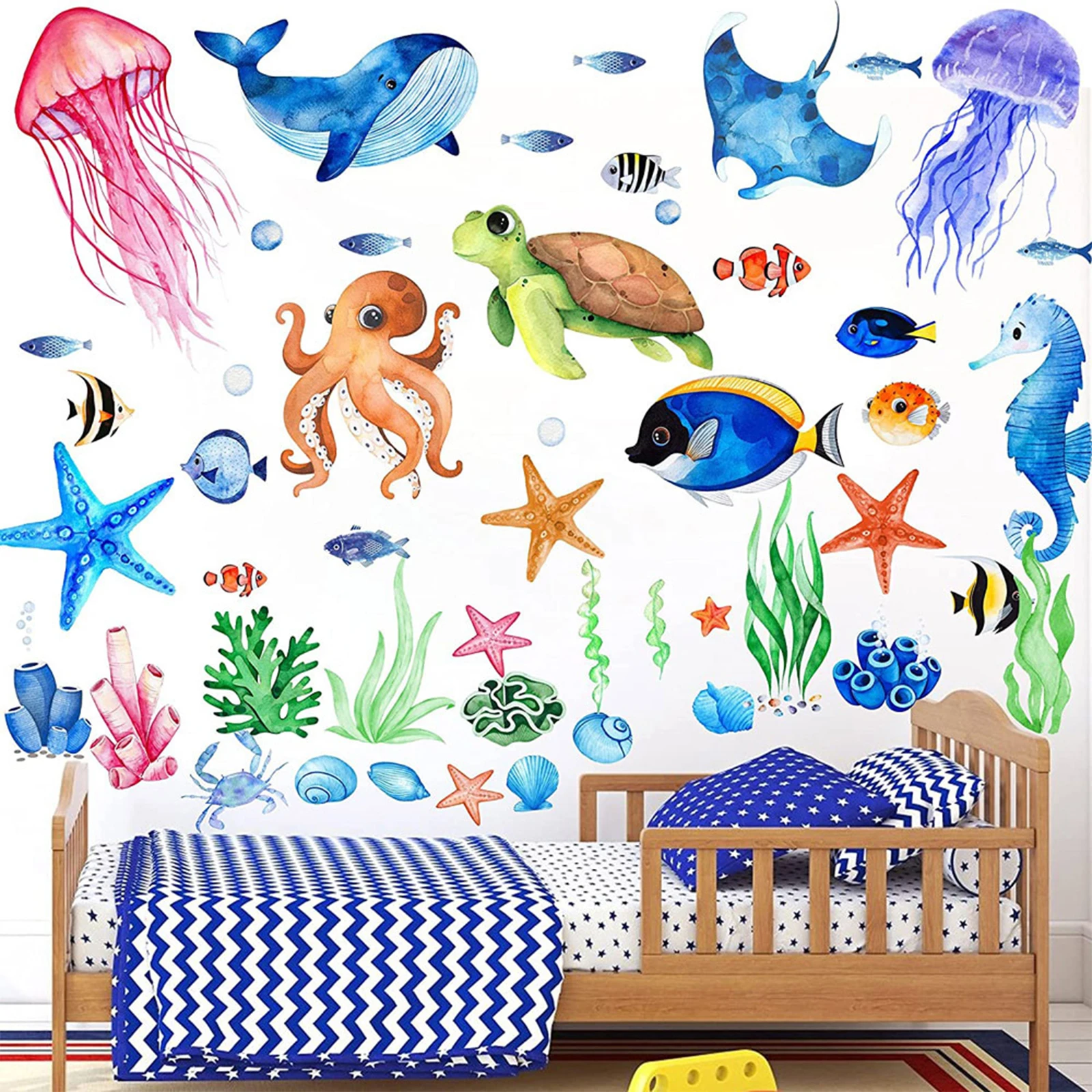 3 Sheets Glow in The Dark Ocean Creatures Wall Decals Waterproof Luminous Under The Sea Wall Stickers Removable Reusable