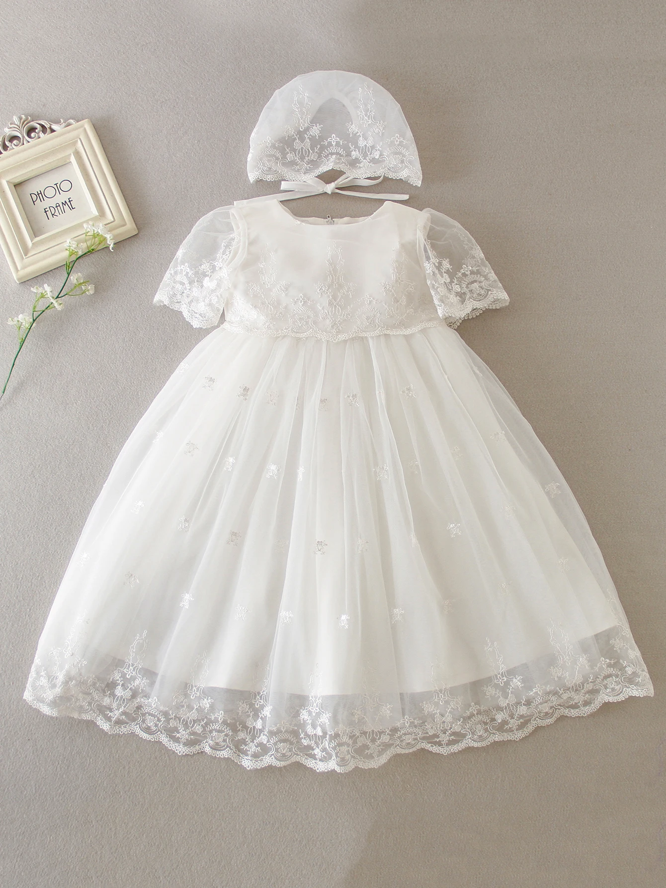 Baby Girl's New Design Of White Lace Short Sleeved Dress High-Quality Ball Dress Birthday Party Dress With Hat