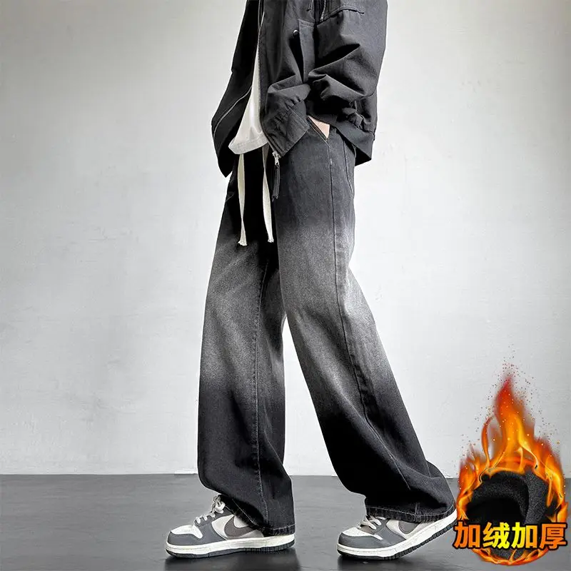 Herbst Und Winter Plus Samt Dicke männer Gerade Bein Jeans Trend Lose Amerikanischen Retro High Street Casual Breite Bein Hosen