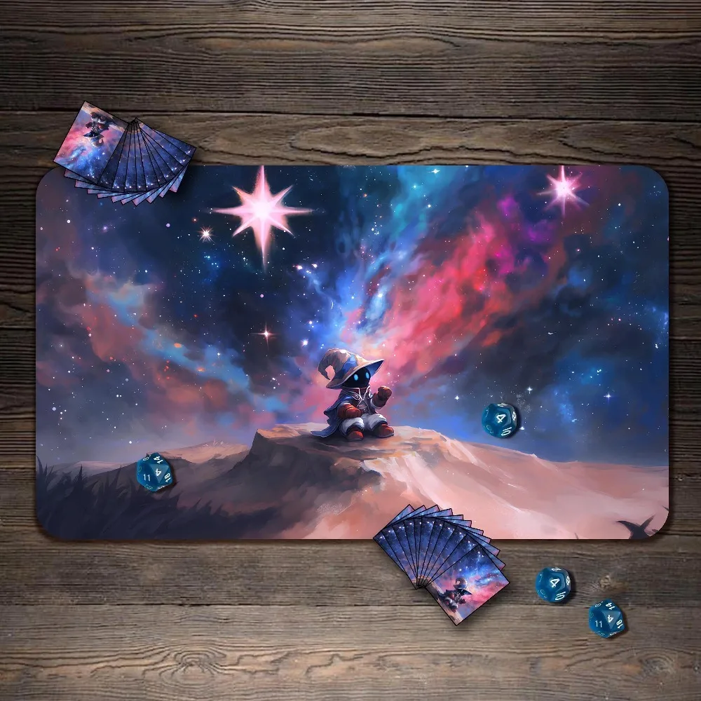Little Mage On Desert Hill TCG Playmat Colorful Cosmic Nebula Wizard Non‑Slip Desk Mat for Card Game Esports Office Home Gift