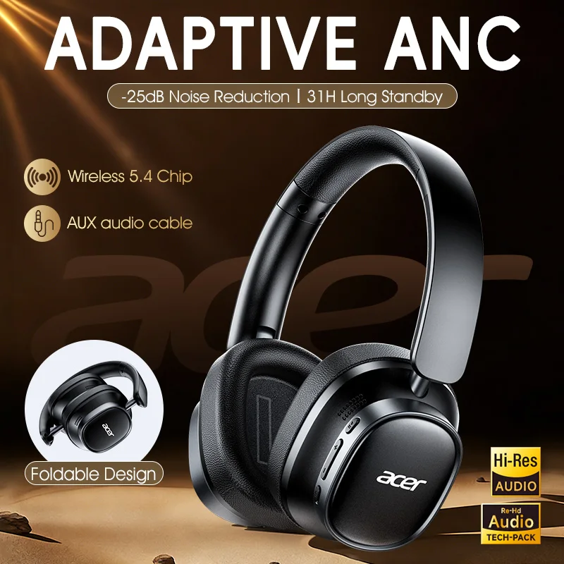 Acer Ohr633 2026 New Model Wireless Bluetooth Headset Hifi Stereo Sound Quality Anc Call Noise Reduction Foldable and Adjustable Design Built-In High-Definition Microphone Gaming Headset