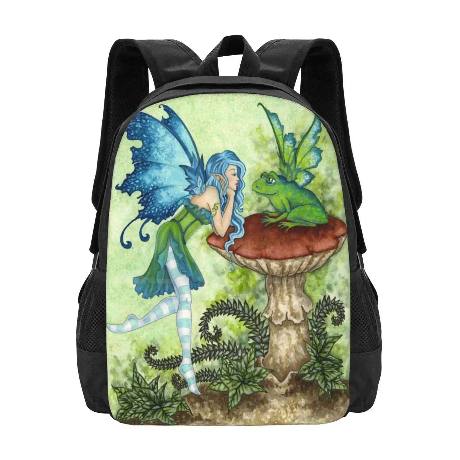 Frog Gossip-mochila escolar de gran capacidad para ordenador portátil, bolsas de fantasía, cuento de hadas, Rana, seta, Amy, Toadstool marrón, azul y verde