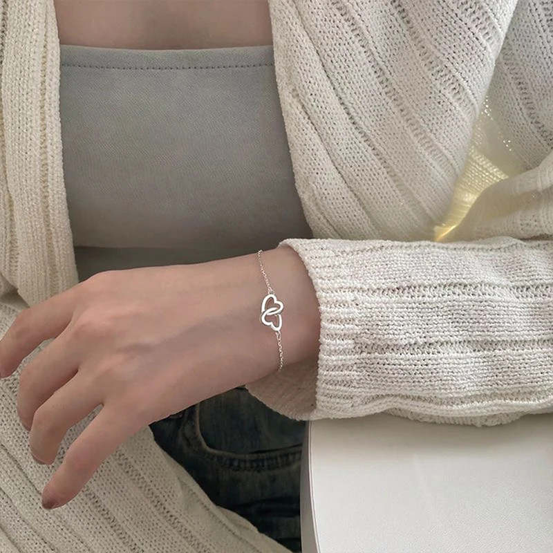 New Silver Color Double Heart Bracelet & Bangle for Women Fine Fashion Jewelry Wedding Party Gift New Trend