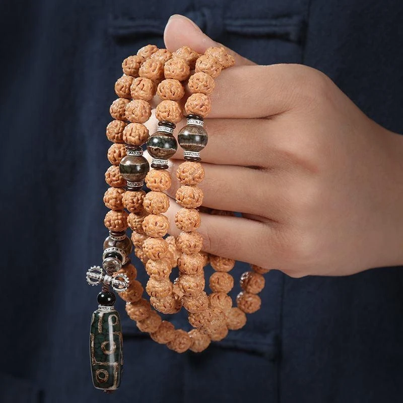 Indonesian Double Pattern Vajra Bodhi 108 Men Women, Buddhist Bead Bracelet and Necklace with Drago