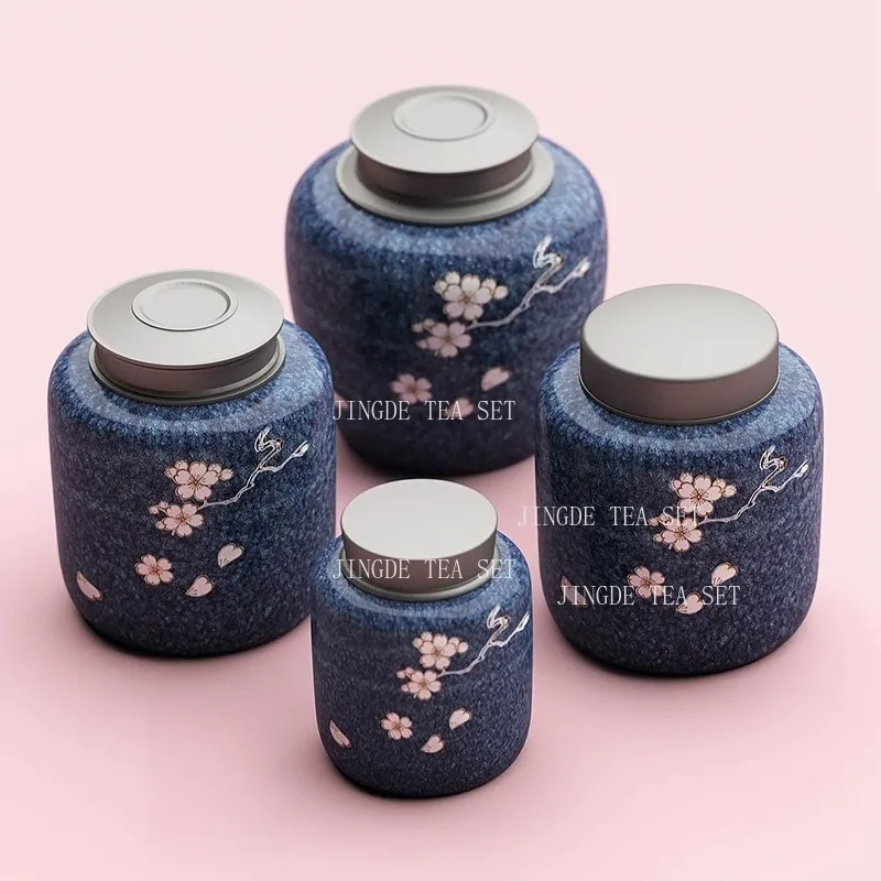 Blue Kiln Glazed Ceramic Tea Canister with Pink Sakura Pattern and Silver Metal Lid Airtight Storage Jar for Loose Leaf Tea