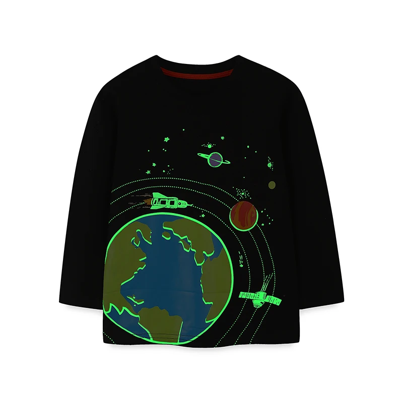 New children\'s autumn long sleeved T-shirt with cartoon space glow in the dark printed base top for boys