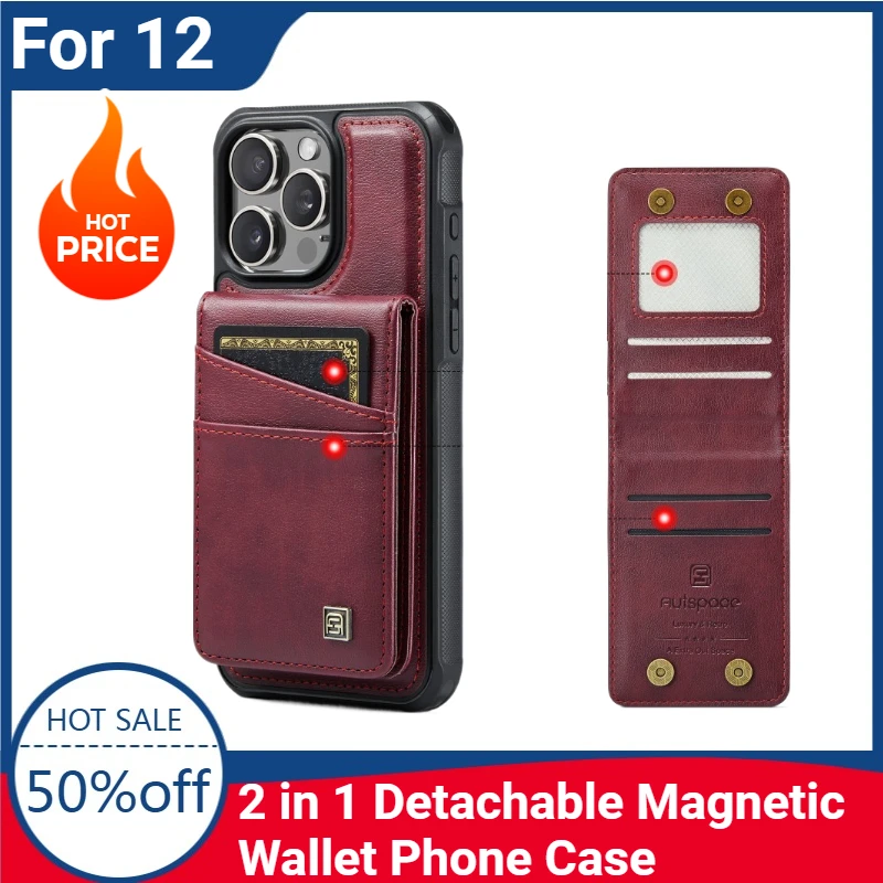 

New 2 in 1 Detachable Magnetic Wallet Phone Case for IPhone 13 14 Plus 13 12 Pro Max Leather with Card Holder Wrist Strap Cover