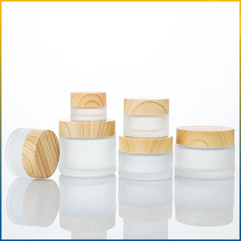 1Pcs Frosted Glass Jar With Wood Lid Empty Cream Jars Cosmetic Container Cosmetic Dispenser Tool Leakproof