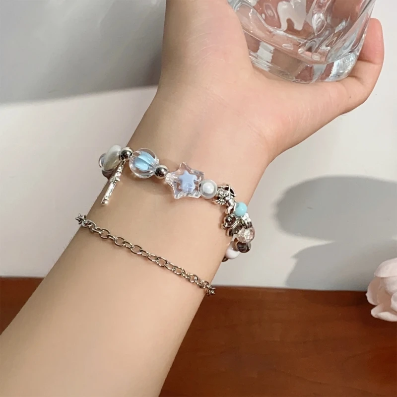 New 2023 Korean Crossed Heart Five-pointed Star Pearls Bracelets Women Light Luxury Exquisite Double Layer Jewelry