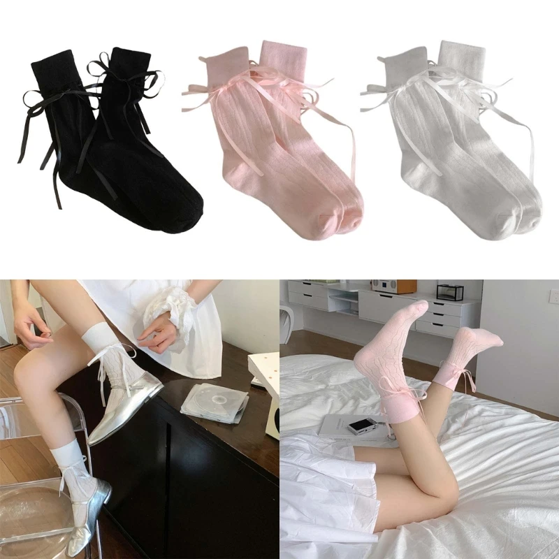 Calcetines tobilleros malla ahuecados para mujer, bonitos calcetines tubo medio con lazo y vendaje