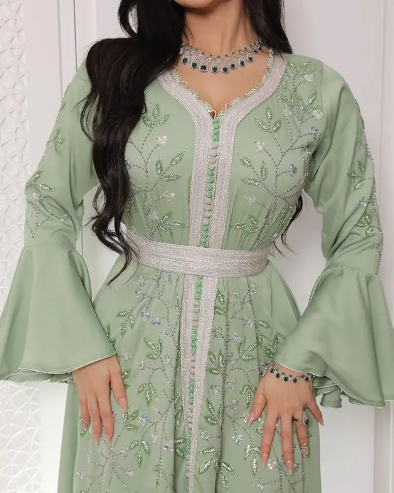 

2024 Summer Women's Maxi Long Dress Embroidered Nail Beads Drilling Kaftan Gown Green Abaya Dubai Luxury Robe Femme Musulmane