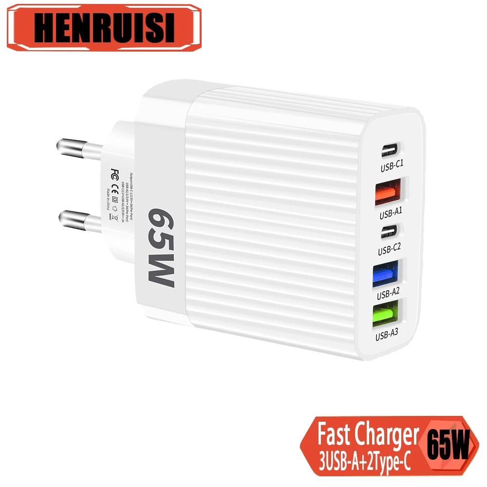 

65W USB Fast Charger 5 Ports PD Type C Quick Charge Phone Charger Adapter For iPhone 15 Pro Samsung Xiaomi Huawei Wall Charger