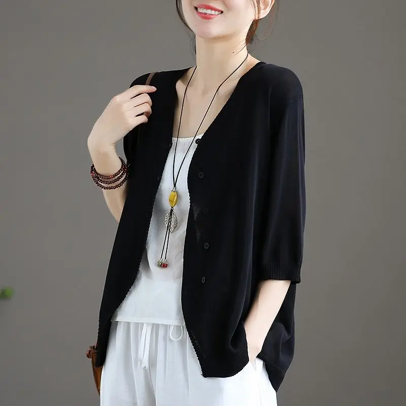 2025 New Ice Silk 3/4 Sleeve Knit Cardigan Women Plus Size Loose UV Protection Sunscreen Air Conditioning Korean Slim Outerwear