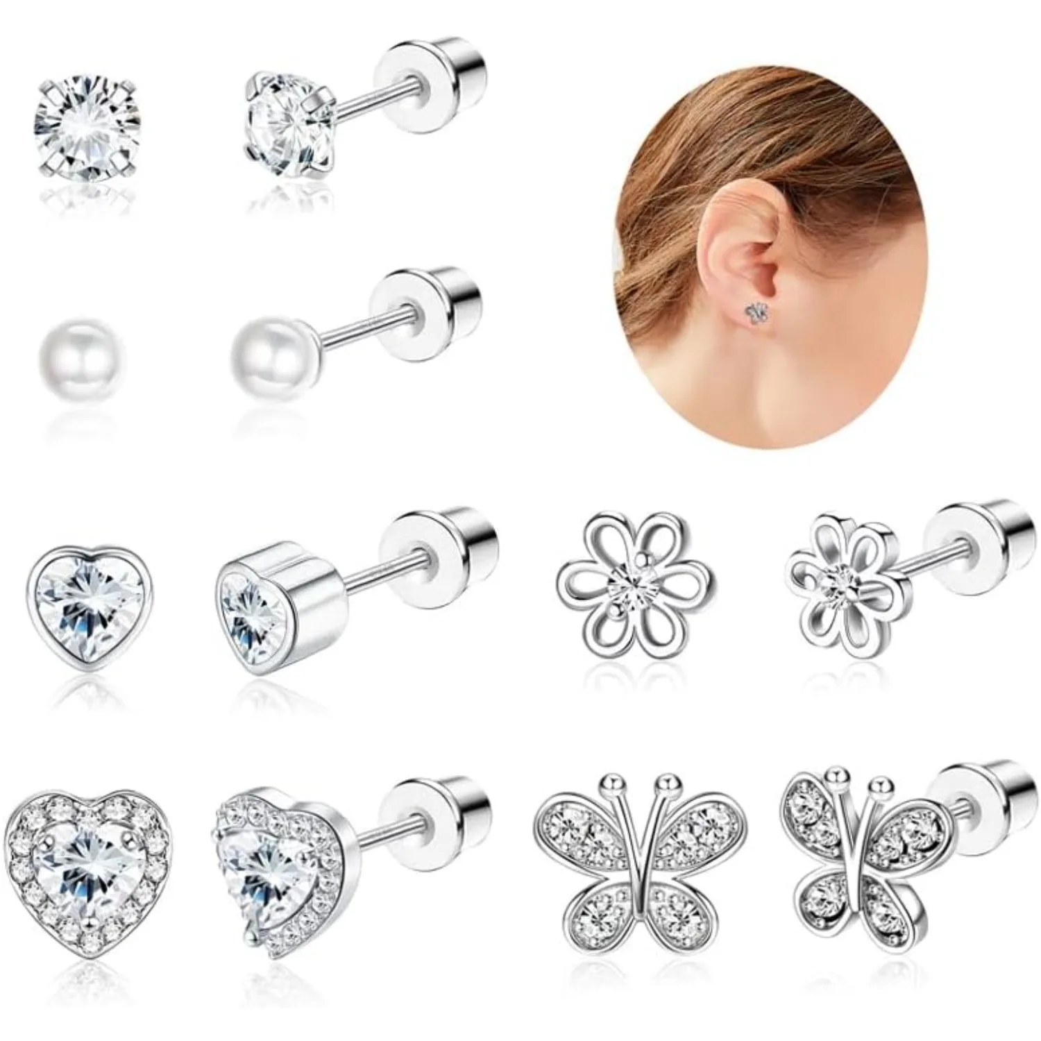 

Bobisty Hypoallergenic Silver Needle Studs Earrings Set for Women Heart CZ Pearl Butterfly Screw Back Earrings for Sensitive Ear