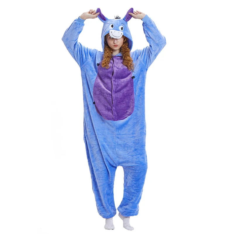 

Flannel Jumpsuit Kigurumi Blue Donkey Carnival Cosplay Costume Nightwear Long-sleeved Hooded Thermal Loose One-piece Pajamas