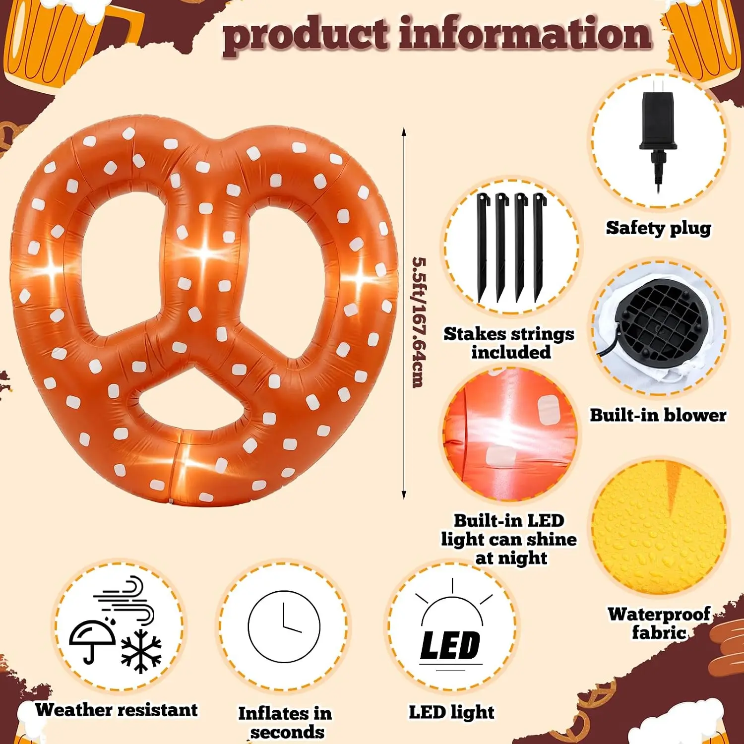 Inflatable Pretzel Decoration 5.5FT LED Lighted Oktoberfest Beer Party Prop Giant 5.5 Ft Yard Decor for Outdoor Holiday
