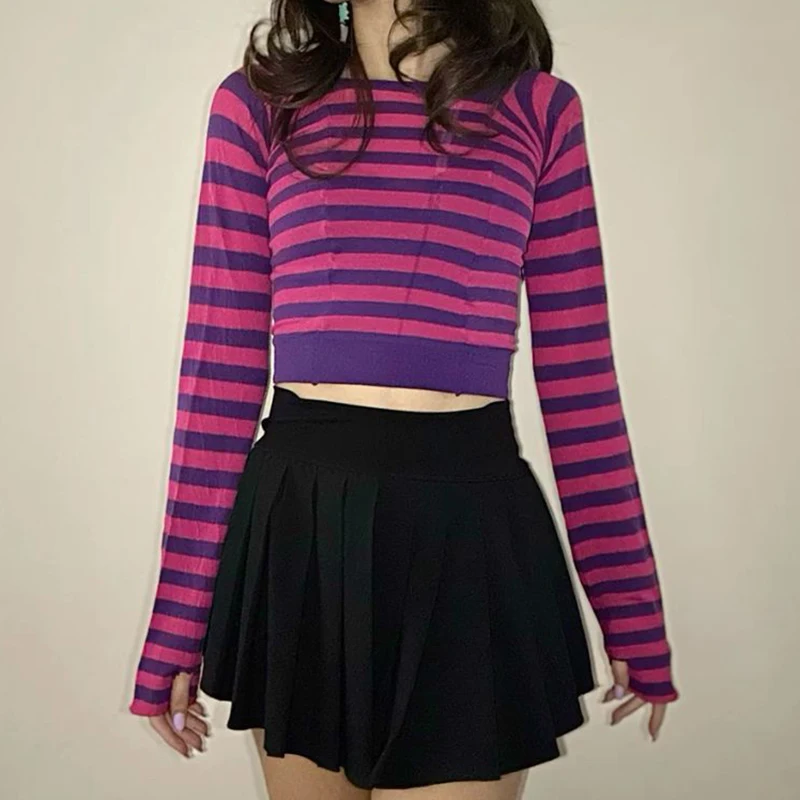 Preppy Striped Print Crop Tops Autumn Spring Long Sleeve Slim Fit Baby Tees Harajuku Cyber Grunge Y2K T-shirt Aesthetic Clothes