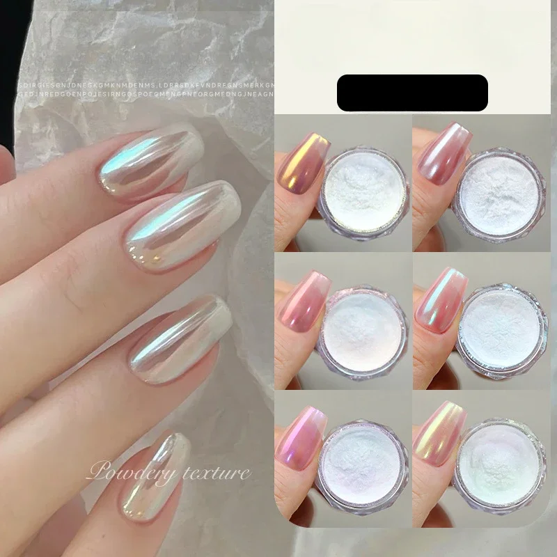 1/6PC White Chrome Pearl Nail Powder Shimmer Glitter Wedding Bride Nail Design Aurora Rubbing Dust Mirror Effect Fairy Powder