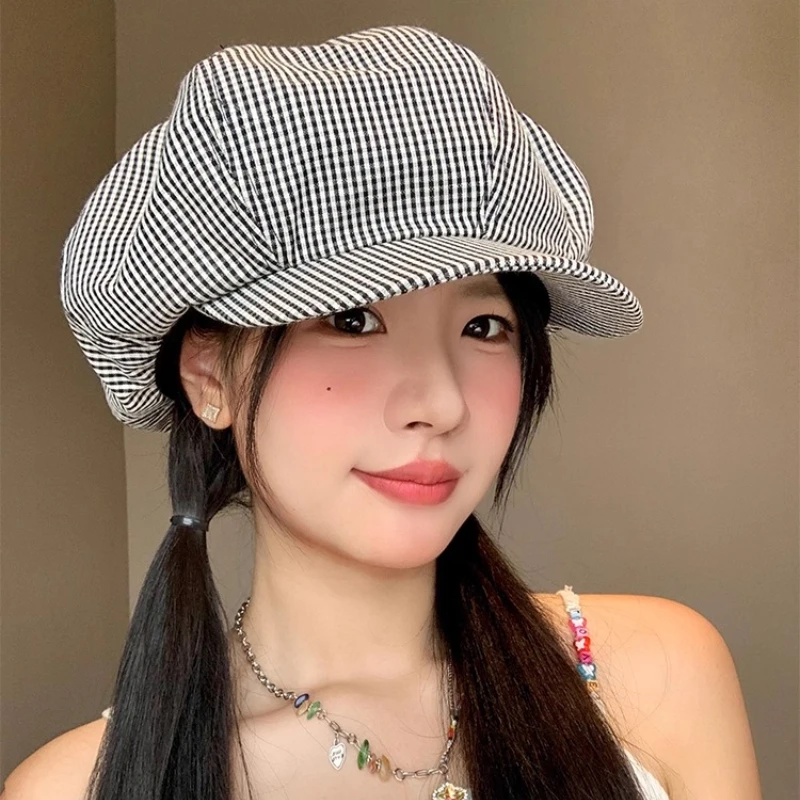 

Niche Retro Striped Oversized Berets Cap for Women Show Face Small Summer Autumn Thin Sunscreen Versatile Casual Octagonal Hat