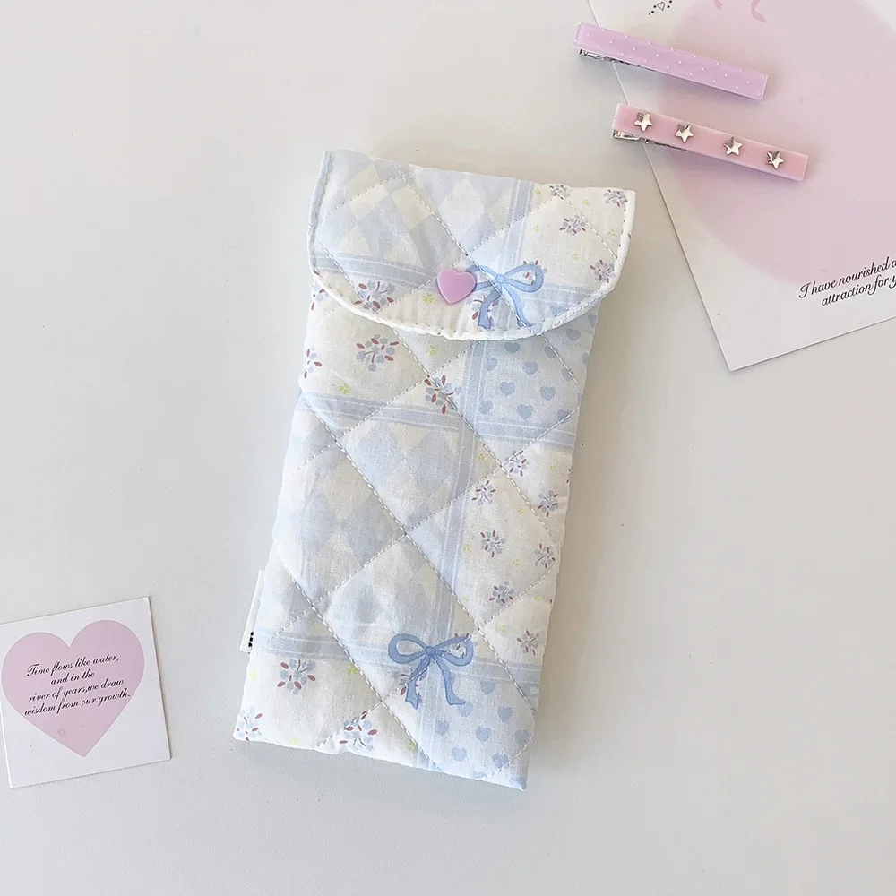 Women Cosmetic Case Makeup Brush Glasses Pouch for Student Girls Sweet Cartoon Bow Snap Button Stationery Pencil Case