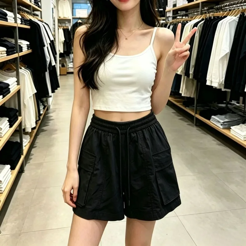 Women Casual Quick-drying Shorts Elastic Waist with Large Pocket 4-points Pants Solid  Loose Breathable High Waist Shorts